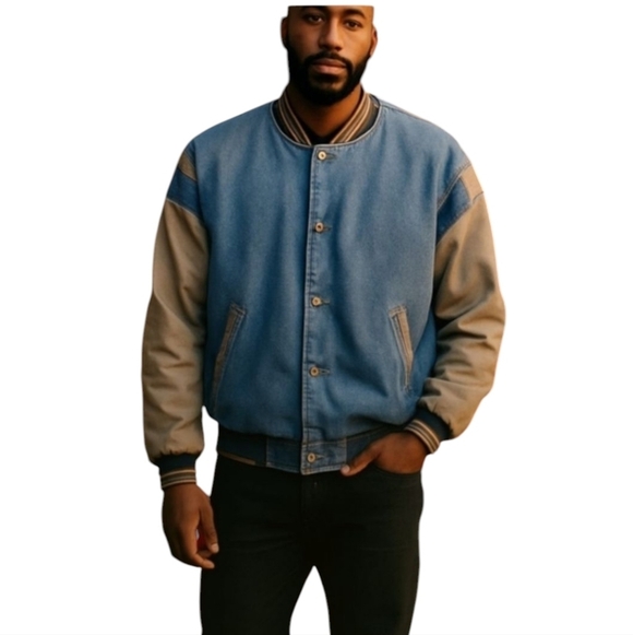 Vtg Blue Denim Tan Canvas Varsity Chore Bomber Jacket with Ribbed Details Sz L - Picture 1 of 11
